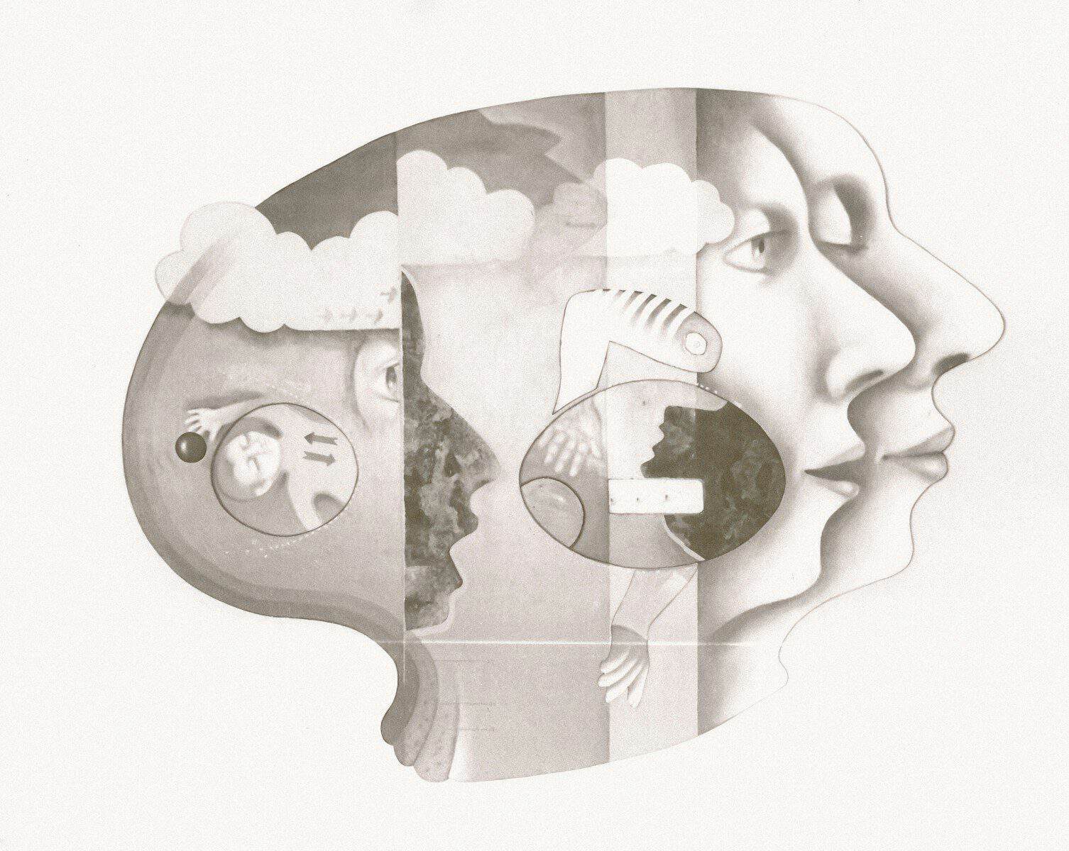 Surreal profile of faces and abstract elements